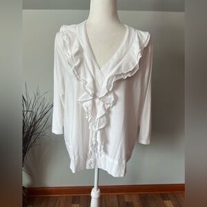 Jones New York White Ruffle V-Neck Blouse